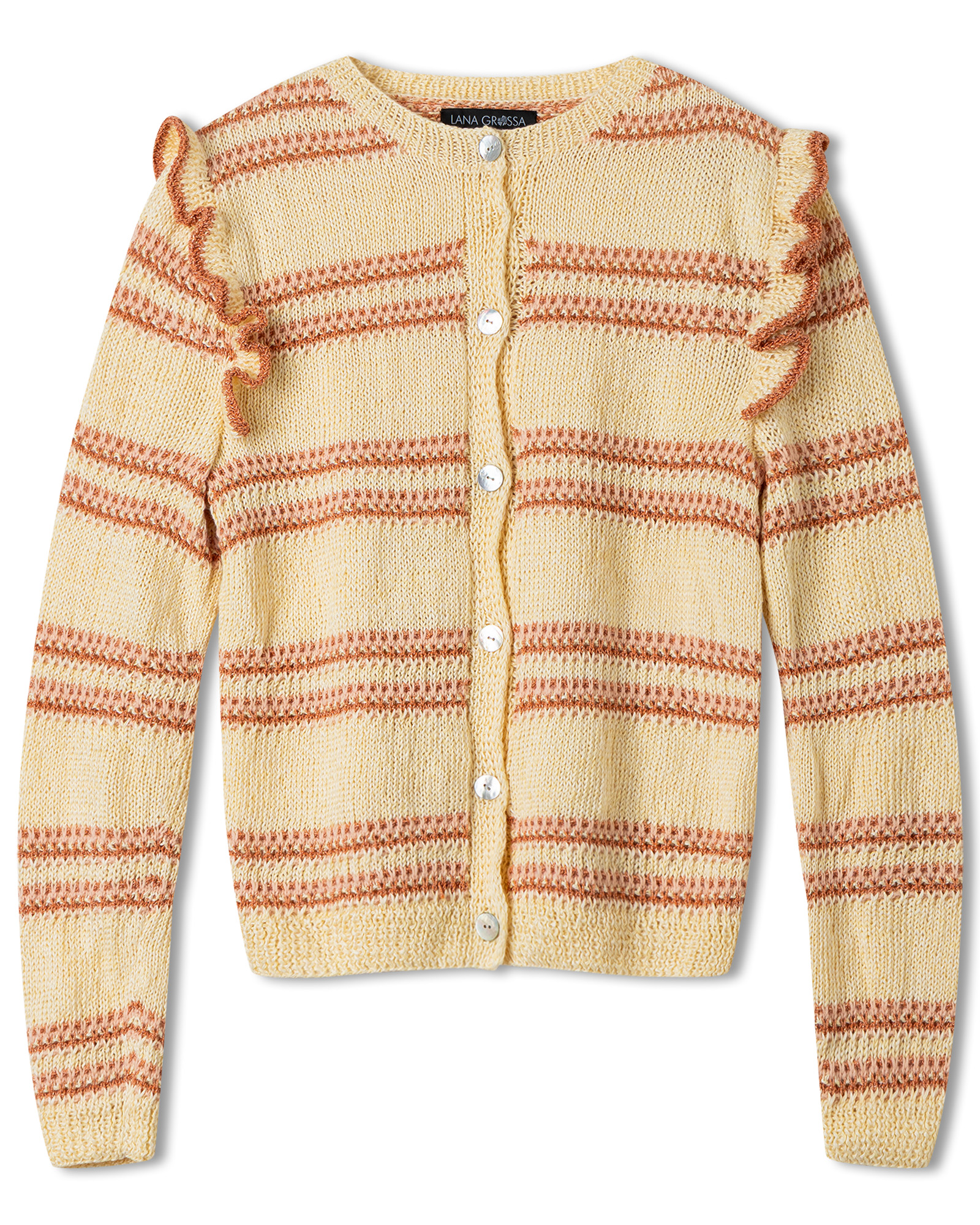 Strickset Cardigan Mit Ärmelrüschen Aus Tencellino, Filo Pailettes Und Ecopuno Von Lana Grossa 2 Strickset Cardigan Mit Ärmelrüschen Aus Tencellino, Filo Pailettes Und Ecopuno Von Lana Grossa – Bild 2